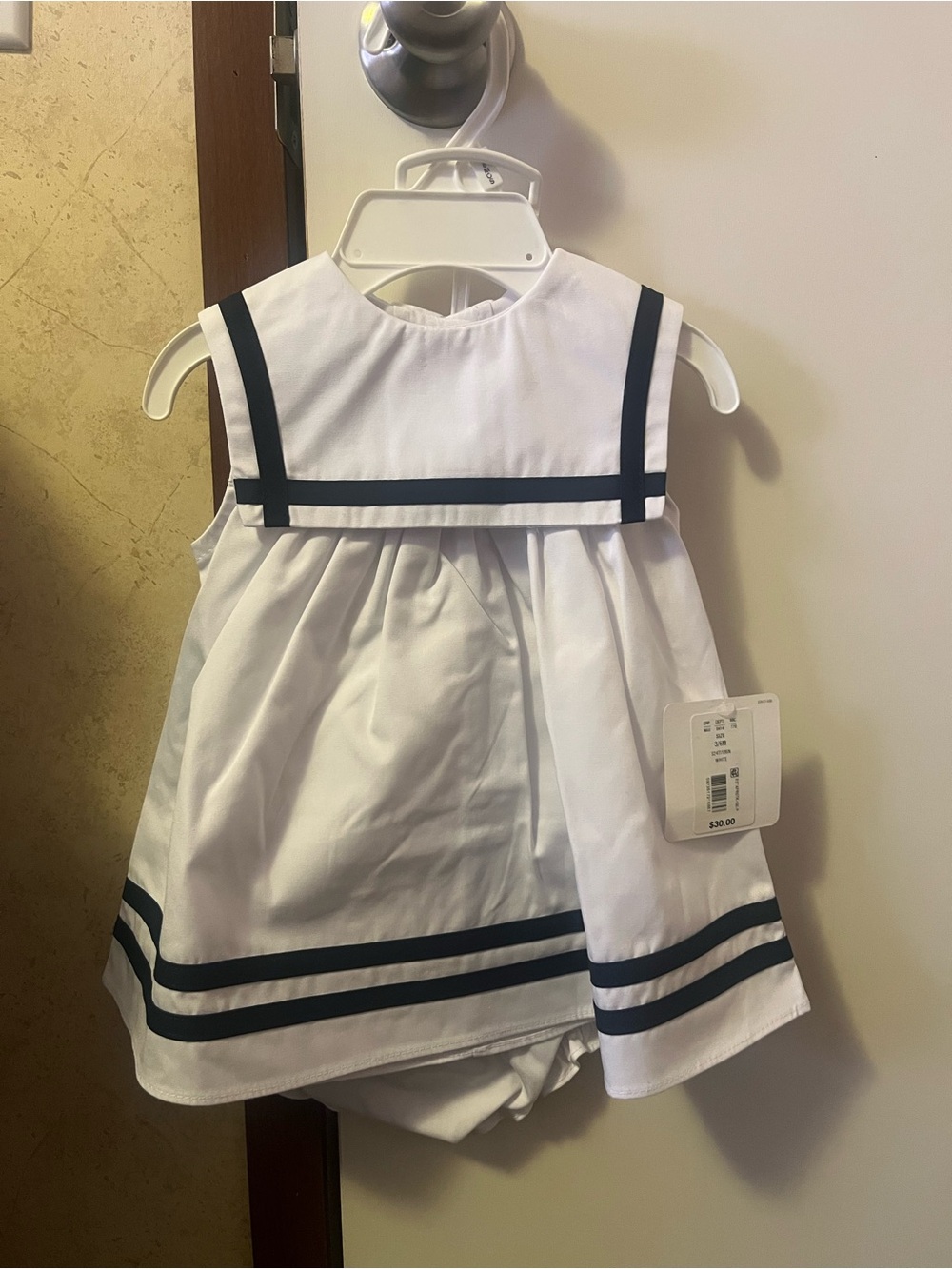 White Sailor-Style Baby Dress with Navy Trim